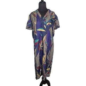 Vintage SOO YUNG LEE Midi Dress Size 4 100% Linen Short Flutter Sleeves V-Neck